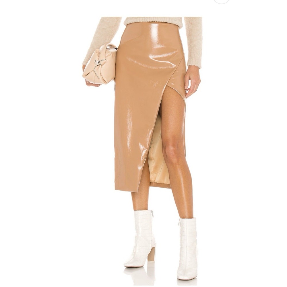 NBD Kris Midi Skirt Slit‎ Camel Tan Revolve Faux Patent Leather Shiny